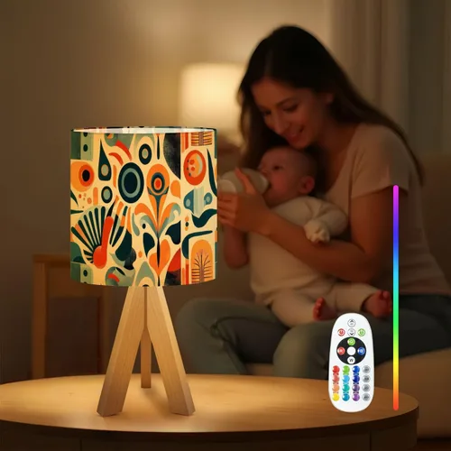 Vista 4 de Tripod Table Lamp Boho Vintage Flower Shape Stripe Circles Curved Lines Bedside Lamps Small Lamp Nightstand Lamp with Linen Lampshade Table Lamps