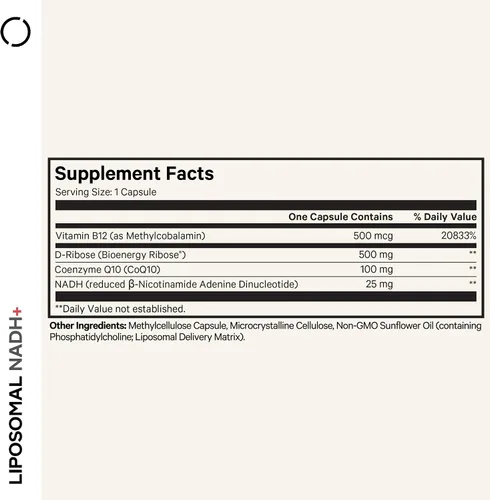 Vista 2 de Codeage Suplemento liposomal NADH+ - NADH, vitamina B12, D-ribosa como ribosa bioenergética, CoQ10-suministro de 2 meses - Entrega liposomal