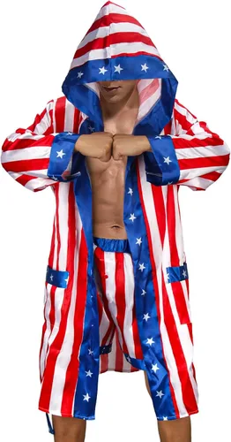 Vista 2 de NIHONCOS Disfraz de boxeo para hombre, bata de satén con bandera estadounidense con capucha, pantalones cortos, cinturón, capa de Halloween, disfraz