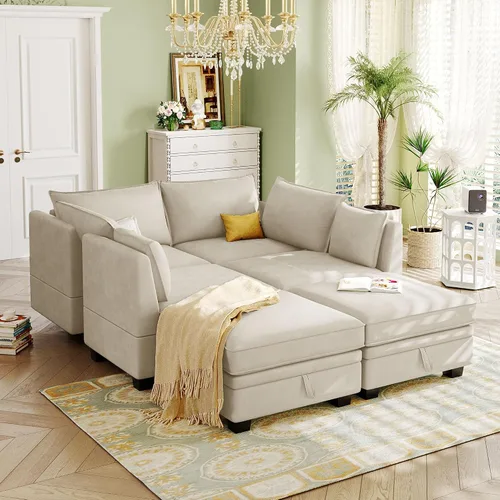 Vista 3 de Divertido y moderno sofá modular grande en forma de U como Lego, juego de sofá tapizado con otomana extraíble y asiento de almacenamiento, sofá cama