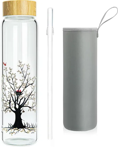 Vista 7 de Botella de agua de vidrio de 32 onzas con popote, botella de vidrio de borosilicato de boca ancha con tapa de bambú y funda de neopreno Plátano