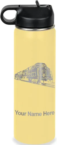 Vista 23 de LaserGram Botella de agua personalizada, tren de carga, acero inoxidable de doble pared aislada al vacío con popote superior, regalo grabado