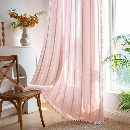 Vista 9 de Cortinas de lino de granja estilo bohemio Aveboll de 63" 84" 96" pulgadas de largo, juego de 2 paneles, cortinas modernas y rurales con bordado