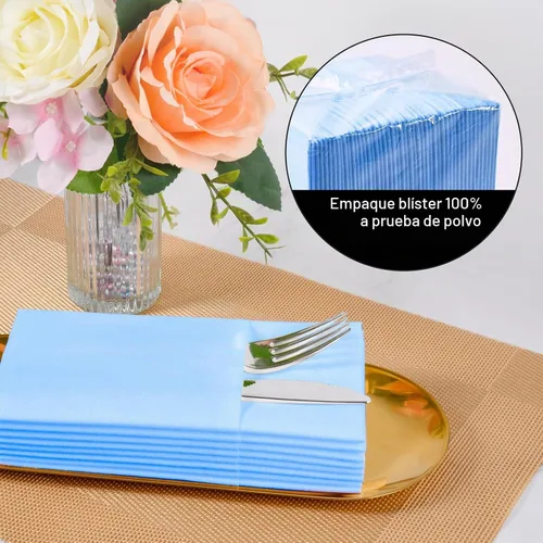 Vista 7 de Servilletas desechables de color azul menta, paquete de 50 servilletas de papel de tacto de lino con bolsillo integrado para cubiertos, tela