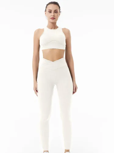 Vista 2 de LEEKEWAY Conjuntos de entrenamiento para mujer, sin costuras, ombligueras, leggings a juego, 2 piezas, trajes de entrenamiento de yoga