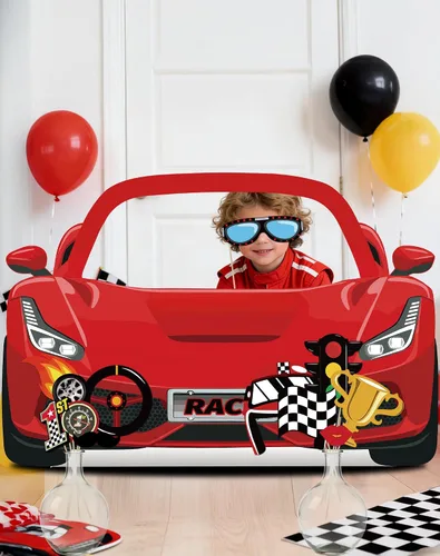 Vista 7 de Juego de accesorios para cabina de fotos de autos de carreras, soporte de cartulina roja para fiesta de cumpleaños, baby shower, suministros