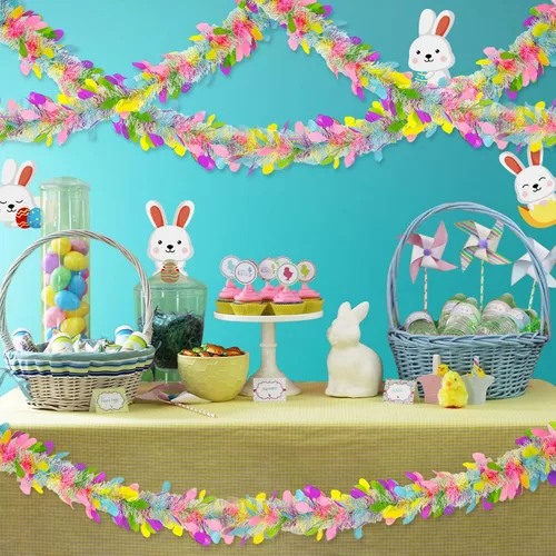 Vista 6 de TURNMEON 5 cuerdas en total 75 pies, guirnaldas de oropel de Pascua con coloridos huevos de Pascua, serpentinas metálicas, guirnalda de flecos