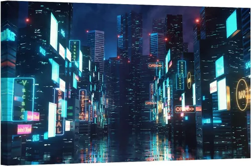 Vista 22 de LSIUHWUWI Future City Concept - Cuadro decorativo moderno para pared, impresión sobre lienzo Cyberpunk City Neon Streetview por la noche