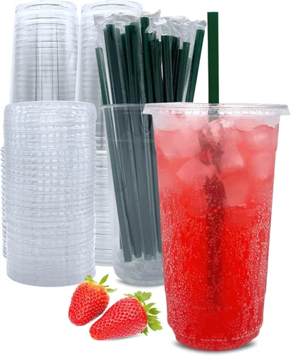 Vista 11 de Vasos de plástico transparente de 12 onzas con tapas y pajitas, tazas de café desechables, 25