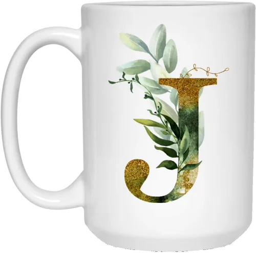 Vista 3 de Alpha/J - Taza de café con letra J gráfica, monograma de letra del alfabeto, monograma J, dorado brillante, cualquier letra, alfabeto floral, té