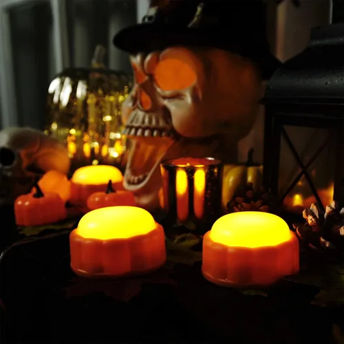 Vista 7 de Homemory Luces LED brillantes de calabaza de Halloween con control remoto y temporizador, luces de linterna Jack O' funciona con pilas para Naranja