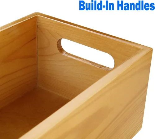Vista 3 de Un organizador de madera de pino seleccionado, caja abierta, 4 paquetes, contenedor de almacenamiento de madera de 6 x 10 pulgadas con asa para baño