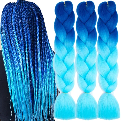 Vista 47 de 3 paquetes de extensiones de cabello sintético para trenzar de color negro a azul, tamaño jumbo ombré, de 24 pulgadas o trenzas de ganchillo