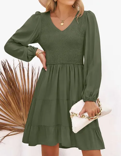 Vista 6 de ZESICA - Minivestido casual con cuello en V y manga larga para mujer, fruncido, de cintura alta y con volantes, vestido acampanado y escalonado