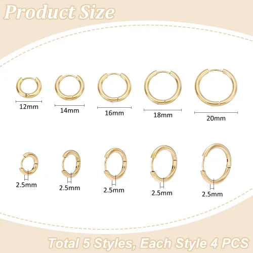 Vista 3 de UNICRAFTALE 20 aretes de aro de 5 estilos de 0.47 a 0.78 pulgadas, aretes de aro pequeños dorados de acero inoxidable, aretes redondos, componentes