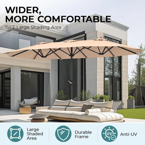 Vista 50 de Sombrilla de doble cara para patio de 15 x 9 pies con base y manivela, sombrilla rectangular extragrande para patio, césped y jardín, beige