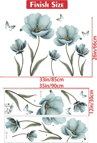 Vista 7 de Calcomanías de pared de flores azules de ensueño creativas pintadas con mariposas para pared, pintura romántica, decoración artística, vinilo