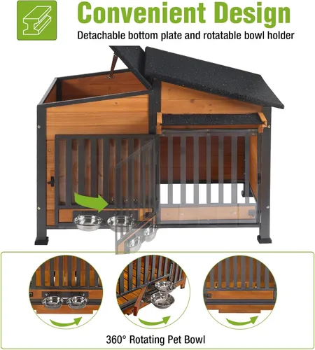 Vista 3 de Casa para Perros Exterior Perrera para Perros con Marco de Metal a Prueba de Masticación, Cuenco Giratorio para Alimentos, Cortina de Puerta de PVC