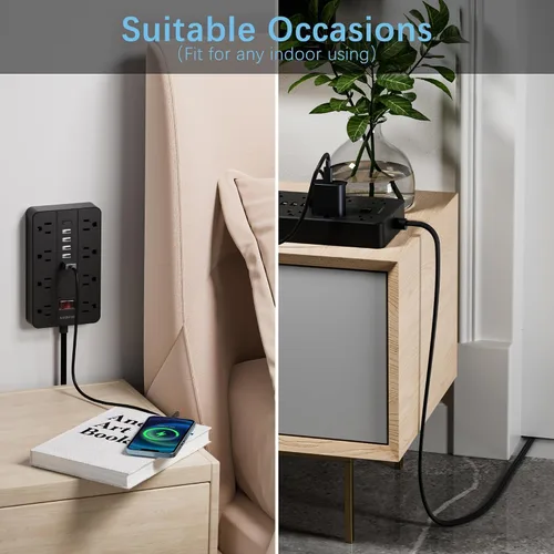 Vista 5 de Tira de alimentación con puertos USB, cable de extensión HUNIAN de 5 pies con enchufe plano y 8 tomas, cargador de 6 USB (1 puerto USB C), protector