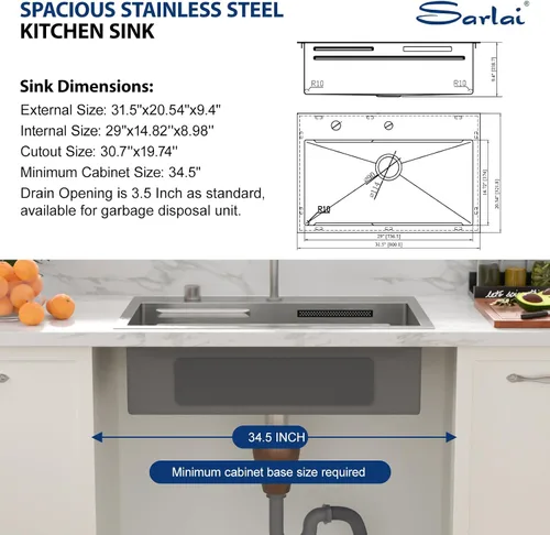 Vista 9 de Sarlai - Fregadero de cocina de cascada de 31 pulgadas, de montaje superior - 31x20 Fregadero de cocina con borde y estación de trabajo, de acero