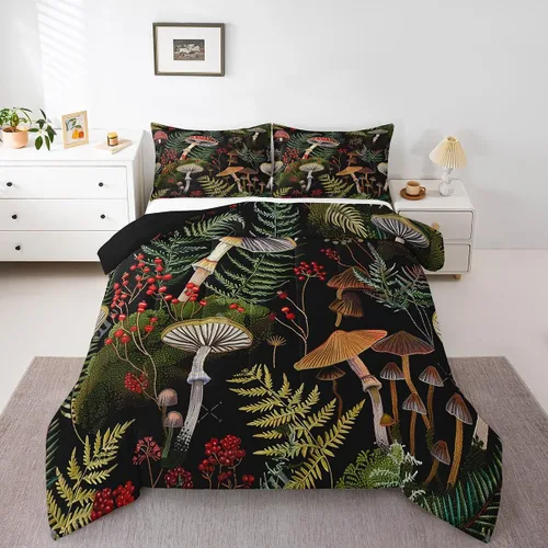 Vista 17 de Feelyou Lindo juego de ropa de cama de hongos kawaii tamaño individual para niños y niñas, decoración de hongos salvajes, juego de edredón