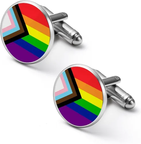 Vista 8 de Mancuernas redondas para hombre, diseño de bandera del orgullo del progreso, arco iris, gay, lesbiana, transgénero, bisexual, LGBTQ, 2