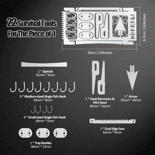 Vista 4 de Hukado Kit de 9 tarjetas de supervivencia multiherramienta para acampar con equipo de línea de pesca, cartera de tarjetas de crédito multiusos