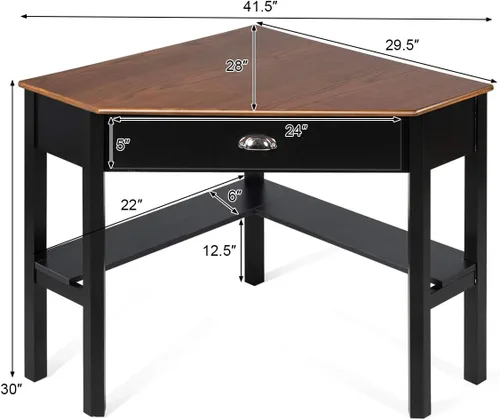 Vista 3 de Tangkula Escritorio esquinero, escritorio de esquina para computadora con cajón para espacio pequeño, escritorio de tocador de maquillaje de esquina