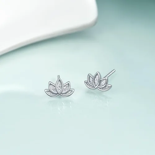 Vista 3 de Aretes de plata de ley 925 con diseño de loto para mujer, hipoalergénicos, minimalistas