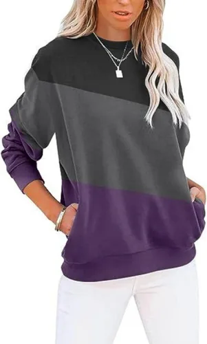 Vista 9 de Sudadera para mujer, casual, cuello redondo, manga larga, bloque de color, suave, holgada, con bolsillo, S-2XL