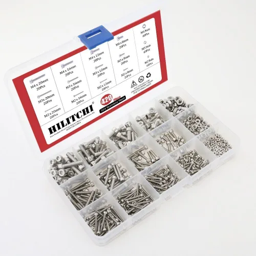 Vista 4 de Hilitchi Juego surtido de tornillos de cabeza hexagonal de acero inoxidable M2 3 4 304 con caja (acero inoxidable 304)