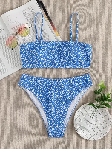 Vista 4 de Floerns Traje de baño para mujer con estampado floral, cintura alta, traje de baño de bikini de 2 piezas
