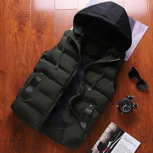 Vista 33 de WENKOMG1 Chaleco con capucha con doble cremallera para hombre, abrigo de color sólido, abrigo cálido y grueso, sin mangas, chaqueta suelta