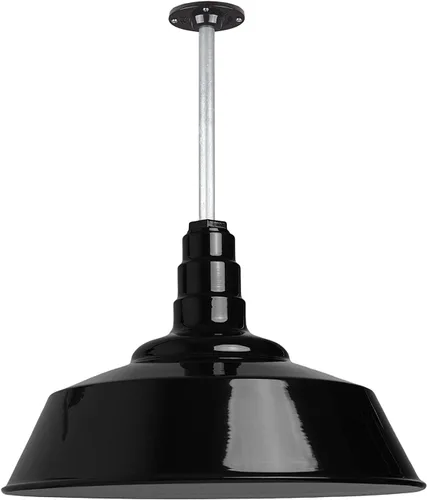 Vista 34 de Steel Lighting Co. Manhattan Warehouse Light Colgante montado en el techo Cúpula de 20 pulgadas vástago de 12 pulgadas Luz de granero