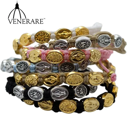 Vista 2 de Pulsera tejida con 10 cuentas de medalla milagrosa Gran regalo católico para primera comunión y confirmación Ajustable para un ajuste cómodo