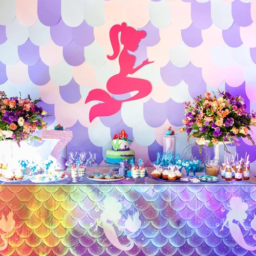 Vista 6 de 1 mantel de plástico iridiscente de sirena, manteles desechables con láser de sirenas, funda de mesa desechable para niñas, cumpleaños, bodas