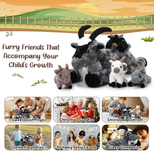 Vista 6 de HyDren Juego de 5 piezas de peluche de cabra de 18 pulgadas, peluche de cabra con 4 peluches de bebés en su barriga, almohada de felpa suave de Gris