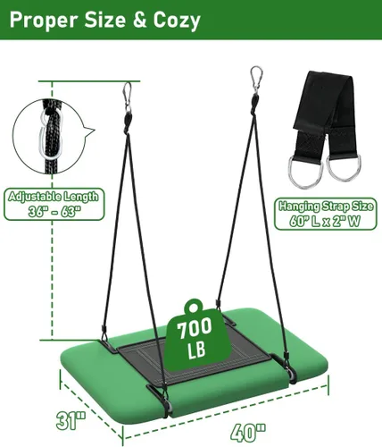Vista 3 de Columpio de árbol rectangular de 40 pulgadas para niños y adultos, columpio de plataforma ajustable con correas para colgar, capacidad de 700
