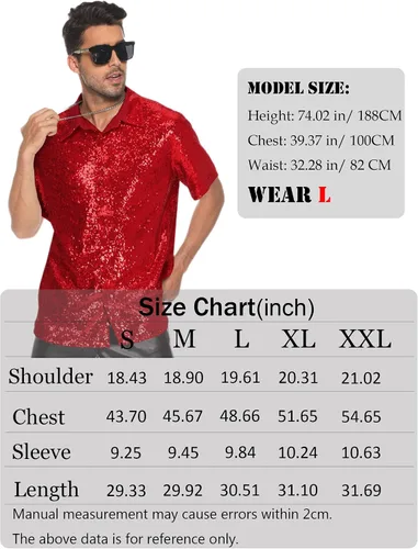 Vista 6 de LecGee Camisa de fiesta de lentejuelas para hombre de manga corta con botones brillantes y botones de los años 70 para fiesta club camisa brillante