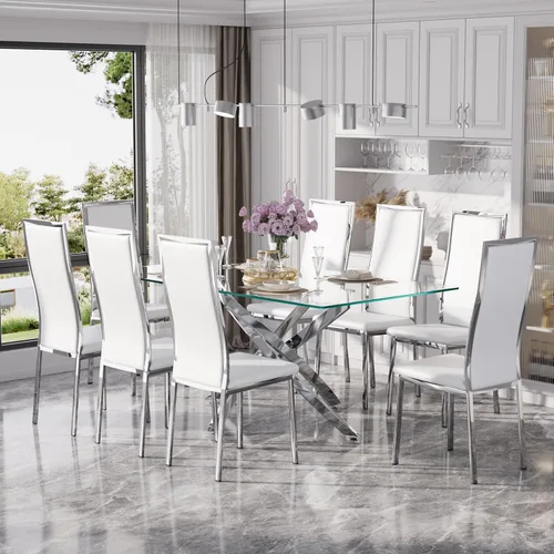 Vista 25 de Juego de mesa de comedor de cristal dorado moderno de 63 pulgadas para 6, juego de mesa de cocina rectangular de 7 piezas con patas de acero Negro