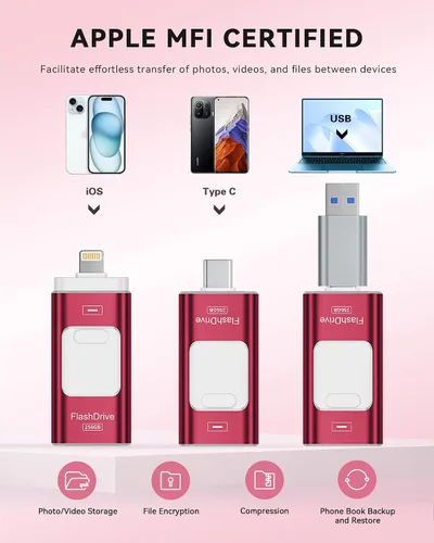 Vista 2 de Unidad Flash Certificada MFi Apple de 256GB para iPhone, Palillo de Fotos, Memoria USB Stick para Fotos y Videos, Unidad Flash de Alta Velocidad Rojo