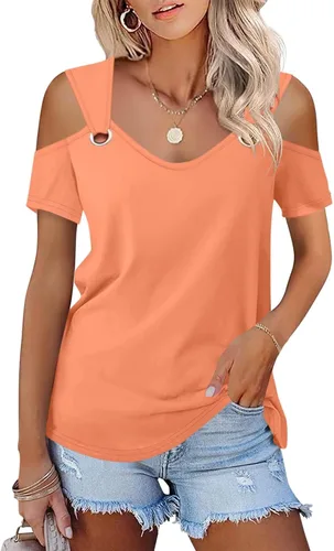 Vista 26 de Minetom - Camisetas básicas de verano para mujer, de manga corta, con hombros descubiertos y cuello en V