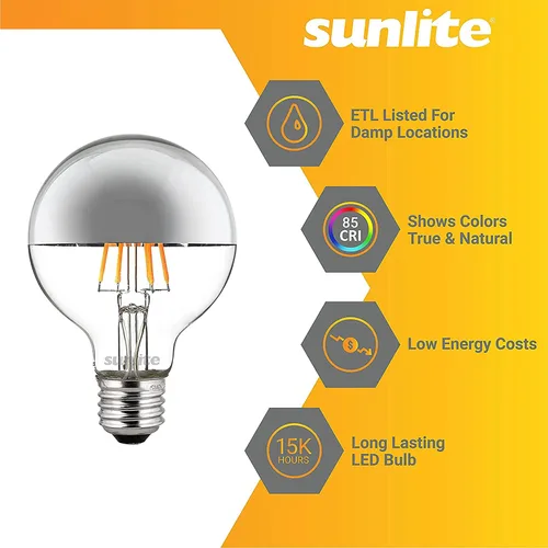 Vista 3 de Sunlite Bombilla LED G25 (G80) Edison de medio globo cromado, 6 vatios (60 W = ), base E26 estándar, 530 lúmenes, regulable, cuenco plateado