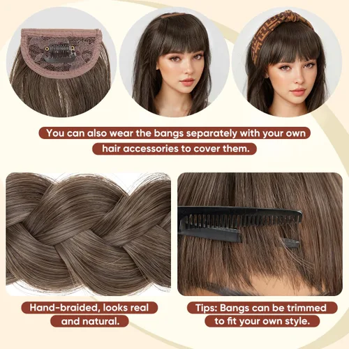 Vista 5 de SARLA Diadema trenzada con 3 flequillos desmontables con clips, extensiones de cabello con flequillo para mujer, banda de cabello sintética falsa