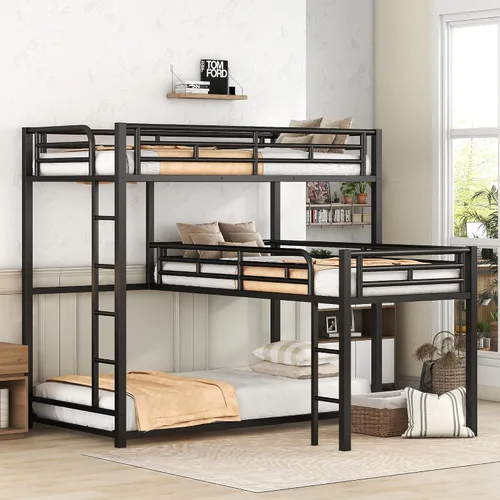 Vista 8 de EMKK Literas de metal tamaño individual con escalera y barandilla de longitud completa, marco de cama de metal negro, no necesita somier, firme
