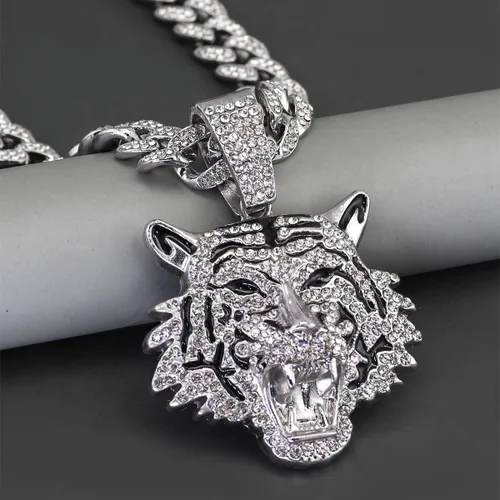 Vista 4 de hdyv5aa Cadena de eslabones cubanos de plata para hombre con colgante, collar de tigre de eslabones cubanos de Miami Ice Out de Miami, joyería