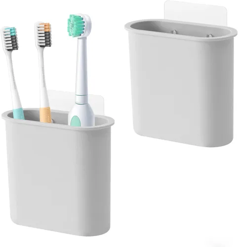 Vista 9 de Paquete de 2 soportes para cepillos de dientes montado en la pared, soporte autoadhesivo para cepillo de dientes para baño, cepillo de dientes