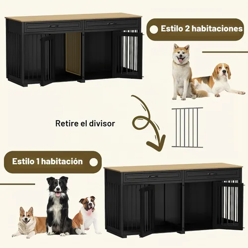 Vista 3 de Muebles para Perrera, 64.6 Pulgadas de Madera Resistente Jaula para Perros Grande Estilo Mueble con Cajones y Divisor, Casa para Perros