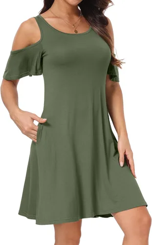 Vista 2 de Vestido de manga corta para mujer con hombros descubiertos y bolsillos 02-Army