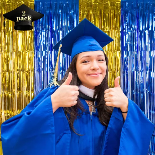 Vista 2 de LOLStar Paquete de 2 decoraciones de fiesta de graduación azul y dorado 2025, cortinas de flecos de aluminio de 3.3 x 6.6 pies, telón de fondo